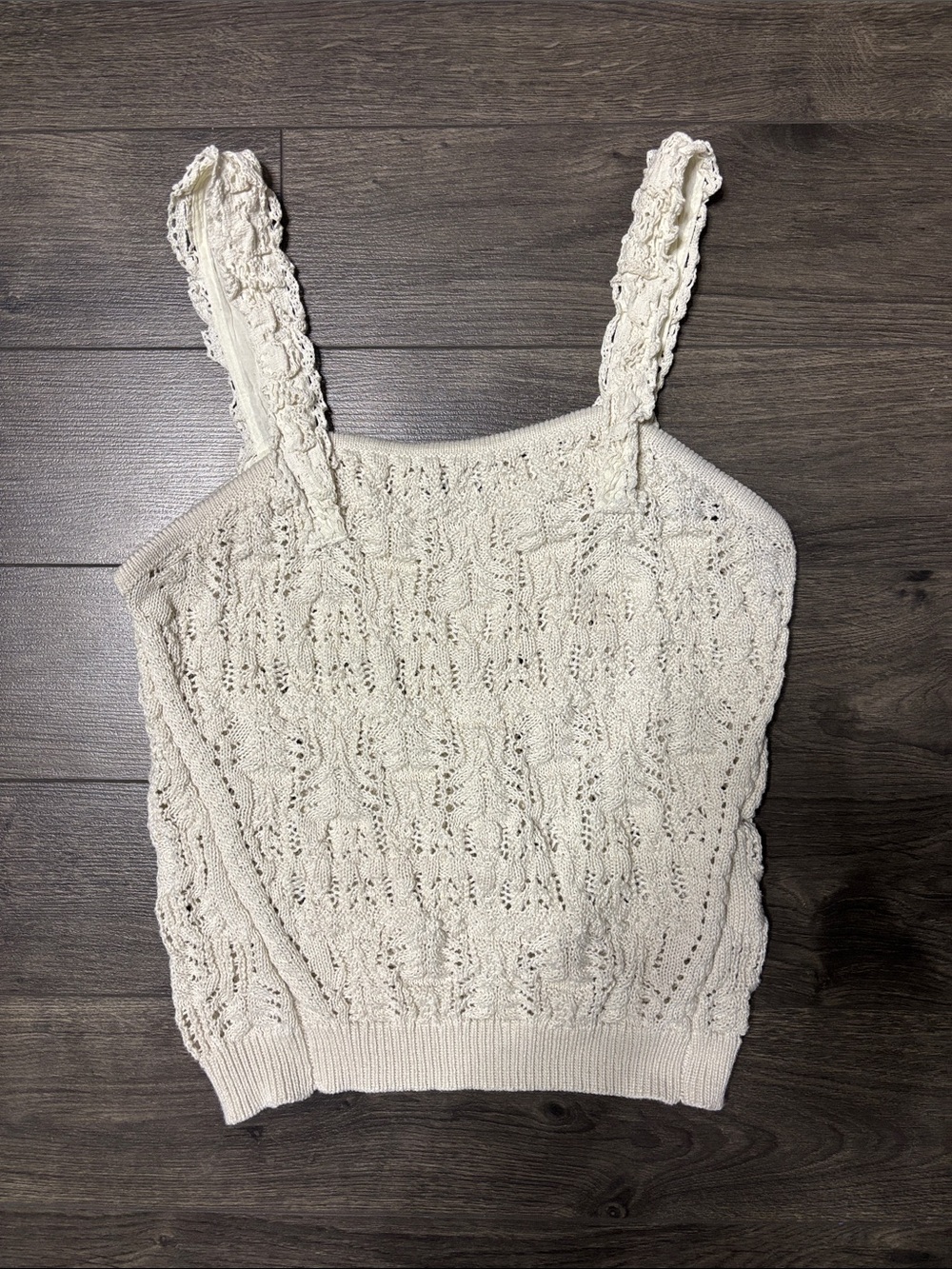 Lace-Trim Cream Knit Tank Top